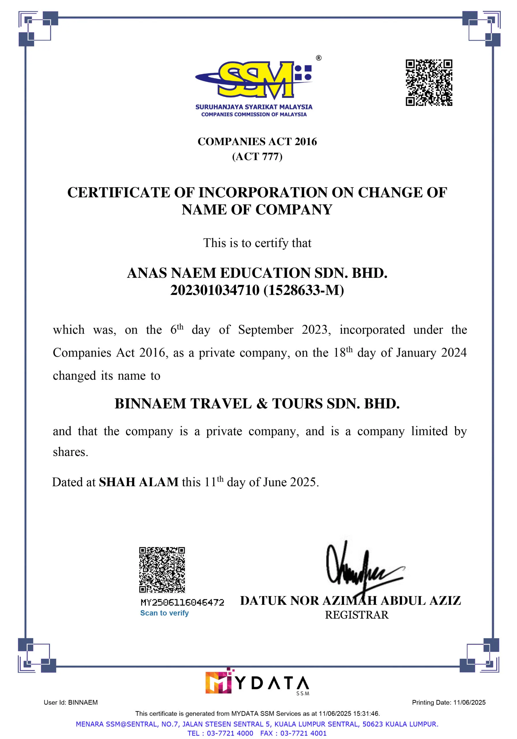 Sijil pendaftaran SSM Binnaem Travel & Tours Sdn Bhd