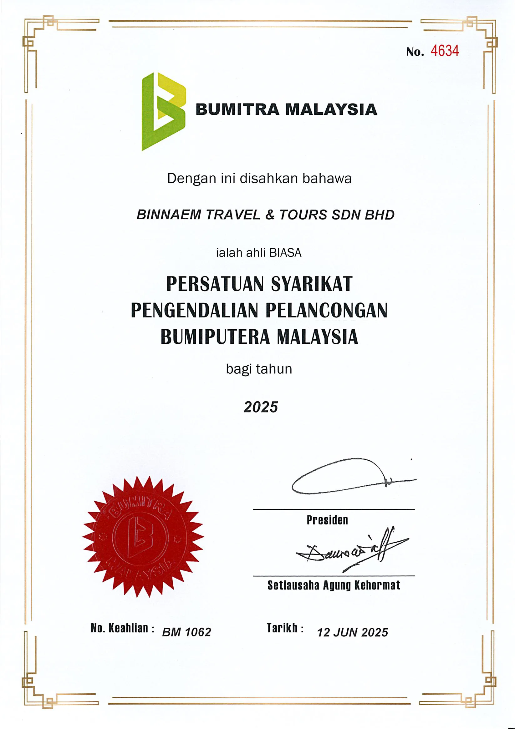 Sijil keahlian BUMITRA Malaysia — Binnaem Travel & Tours