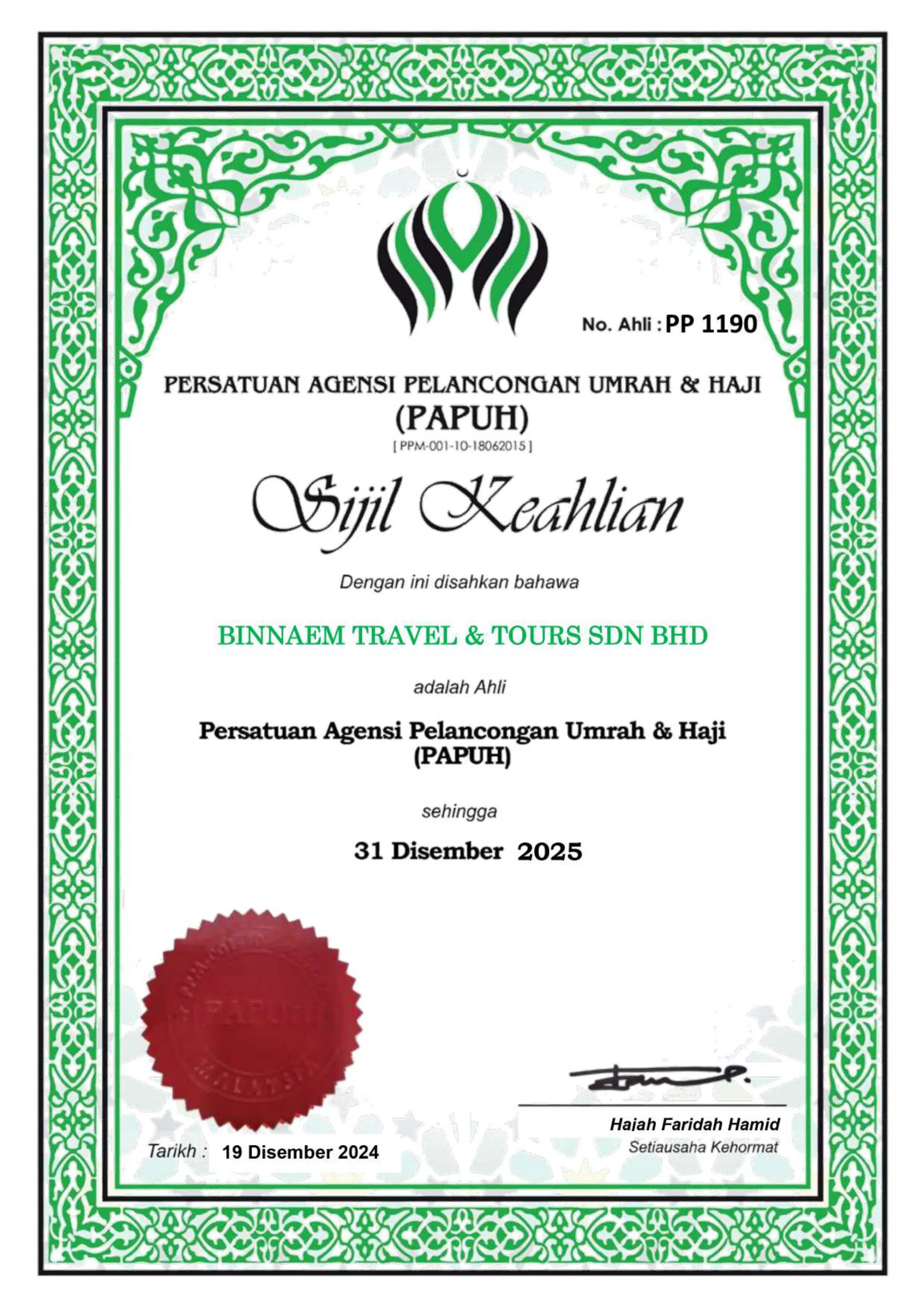 Sijil keahlian PAPUH — Binnaem Travel & Tours