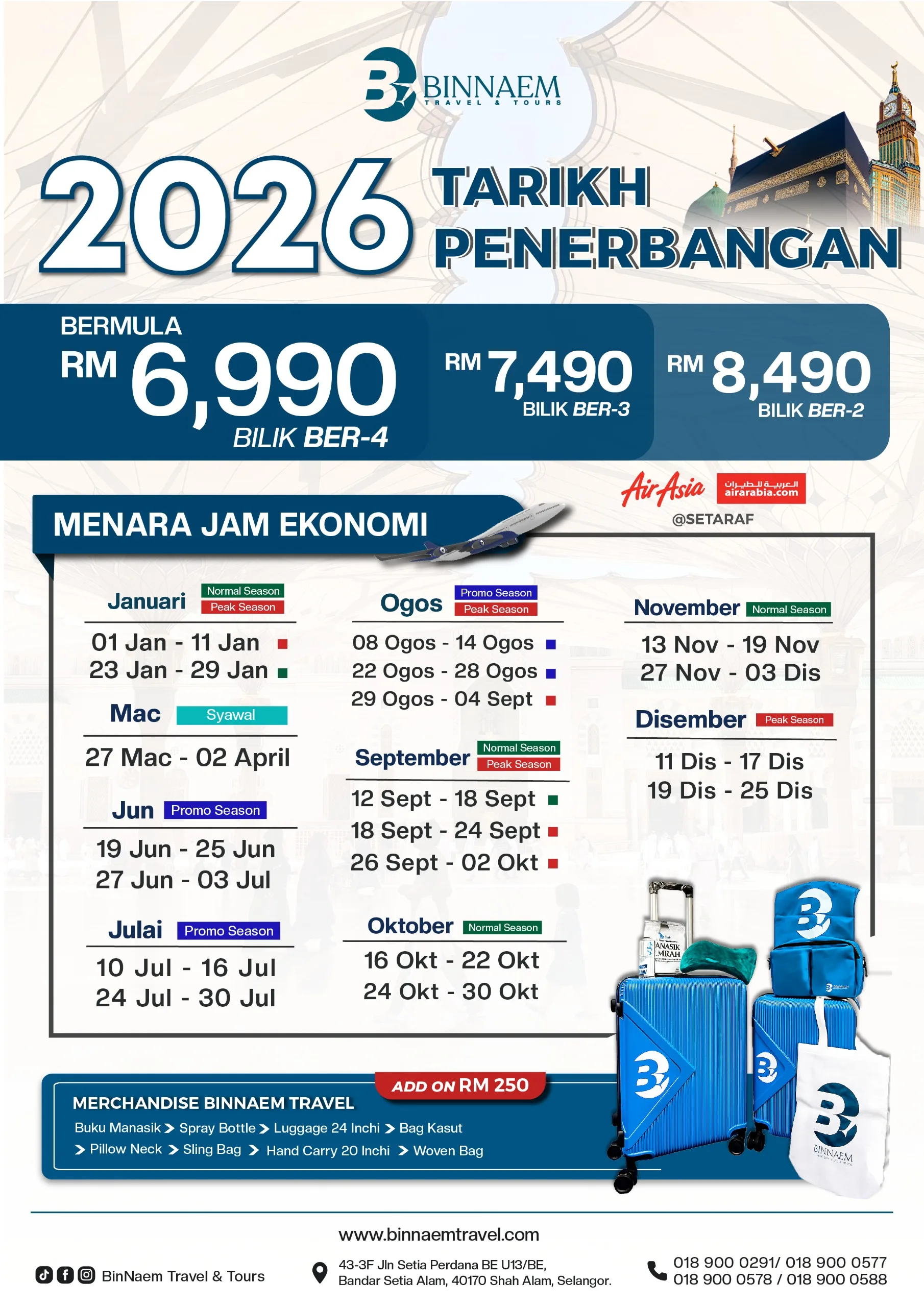 Tarikh penerbangan Pakej Umrah Ekonomi 2026 — Binnaem Travel & Tours