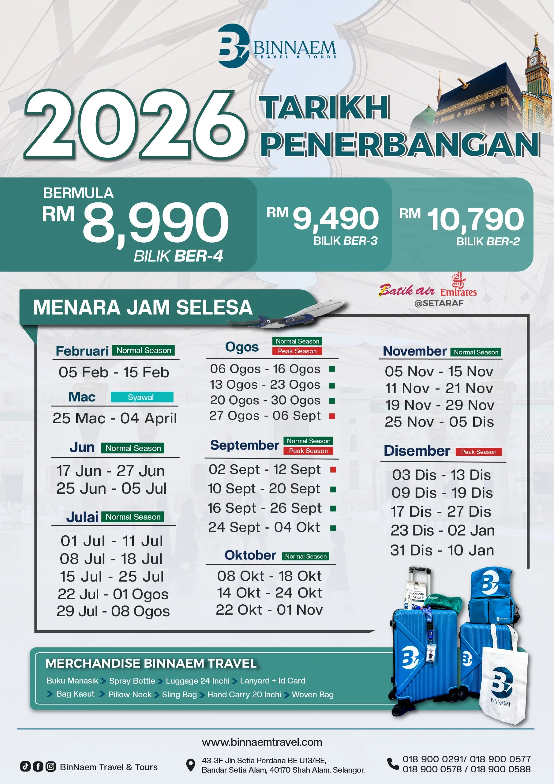 Tarikh penerbangan Pakej Umrah Selesa 2026 — Binnaem Travel & Tours