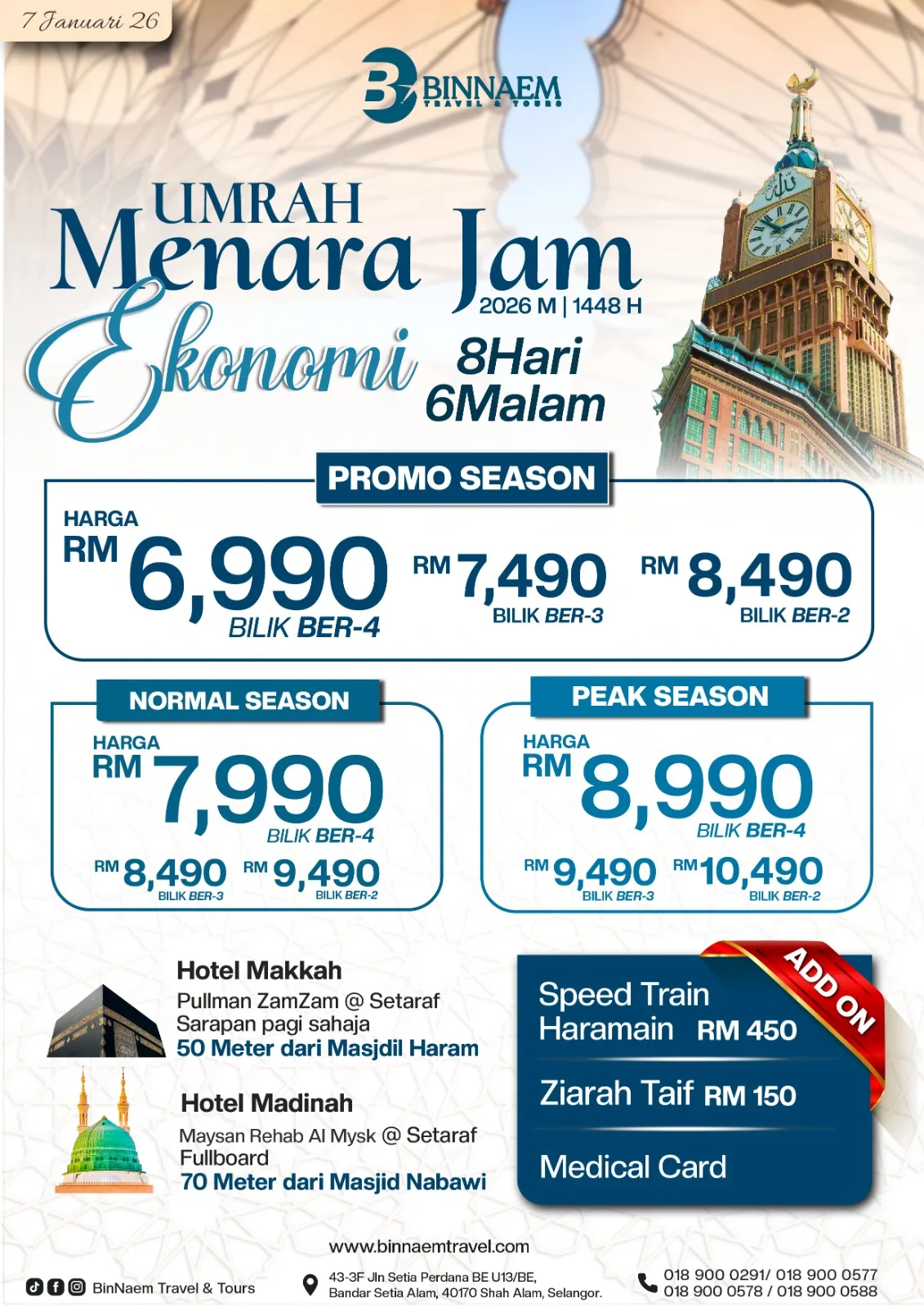 Poster Pakej Umrah Menara Jam Ekonomi 2026 — Binnaem Travel & Tours