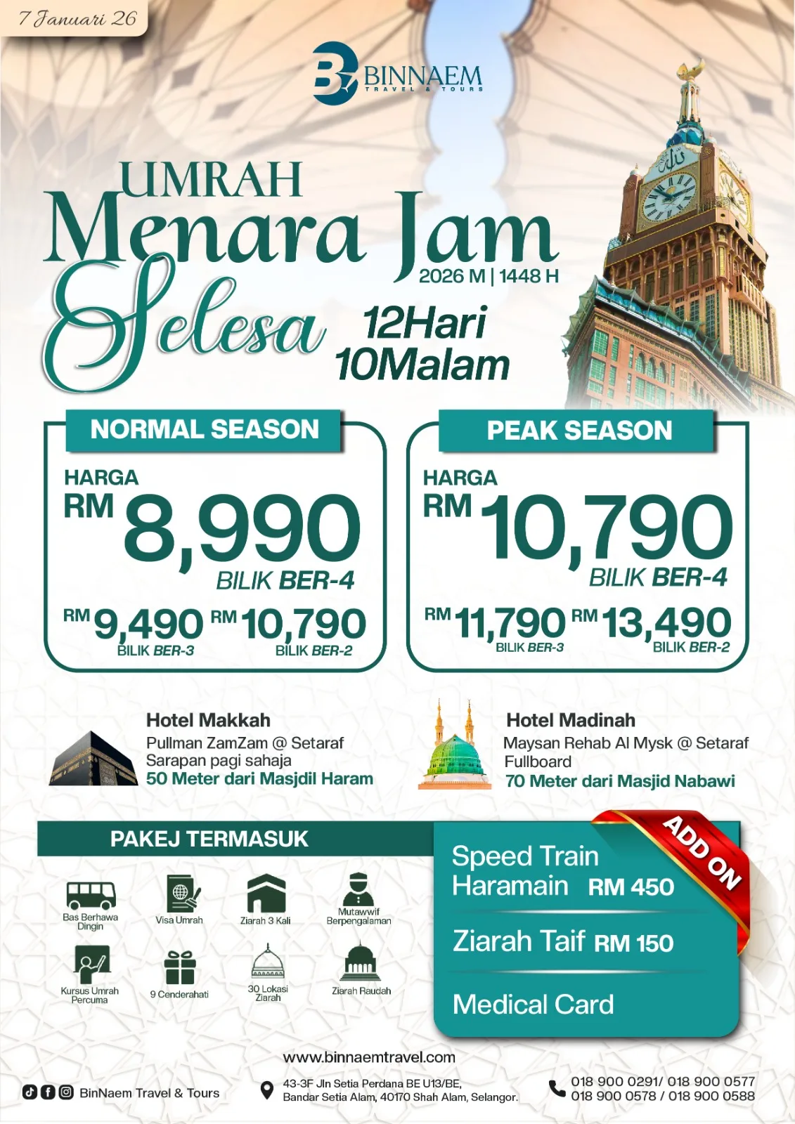 Poster Pakej Umrah Menara Jam Selesa 2026 — Binnaem Travel & Tours